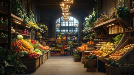 A well-lit indoor market hall, where a diverse array of fresh fruits and vegetables are neatly organized, offering a feast for the eyes.の素材