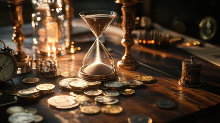 A table with sand clocks and coins, illustrating the concept that time and money are interconnected in a powerful visual metaphor.の素材