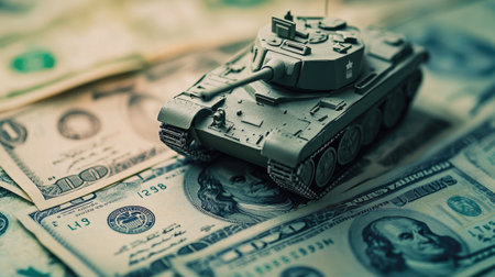 A visual metaphor of a model tank sitting on U.S. dollar bills, representing the impact of military and financial forces.の素材