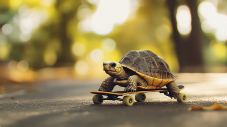 A whimsical shot of a tortoise skateboarding, illustrating the balance between strategy and performance in a fun way.の素材