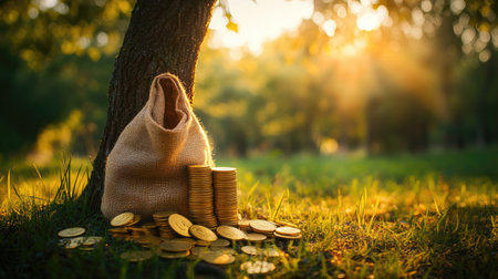 A stack of gold coins with a money bag under a tree, illuminated by morning sunlight in a park, symbolizing saving and investment.の素材