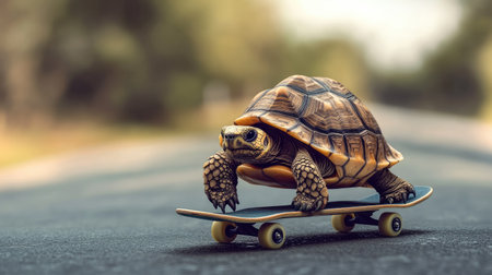 A tortoise on a skateboard, highlighting the idea of moving forward with strategy, despite a slower pace.の素材