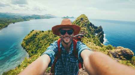 A traveler snaps a selfie, with a stunning natural view behind him, preserving the beauty of the locationの素材