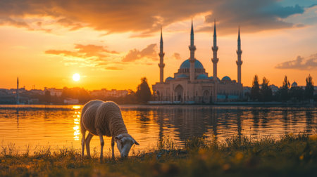 A tranquil sunset view of a sheep grazing in front of a mosque, capturing the spirit of Eid al-Adha in a picturesque setting.の素材