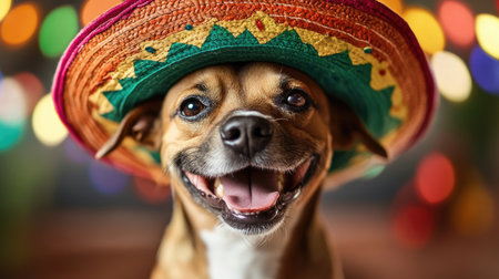 Cheerful dog in a sombrero, bringing the Cinco de Mayo celebration to life with a touch of adorable humorの素材