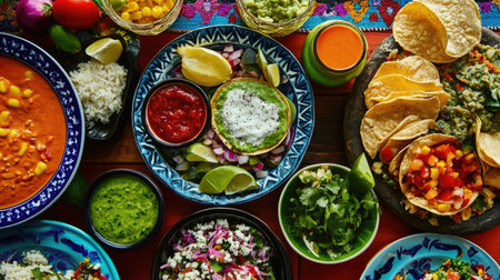 Top view of a Mexican taco spread, with vibrant side dishes and sauces, highlighting the diverse and colorful aspects of the cuisineの素材