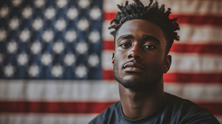 Portrait of a young Black man in front of the American flag, highlighting his role as a voter and participant in democracyの素材