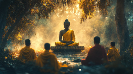 Buddha teaching a group of followers, in a tranquil setting, emphasizing the wisdom and peace conveyed through his wordsの素材