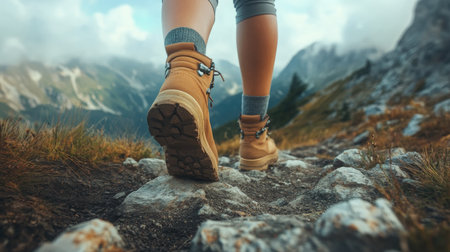 Female hiker legs on a mountain trail, with rugged shoes gripping the ground, highlighting the rugged nature of mountain hikingの素材