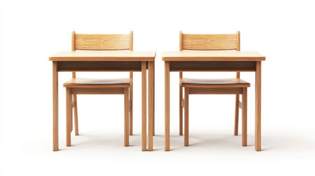Minimalist school desk and chairs set, isolated on white, representing the essential classroom setup for student learningの素材