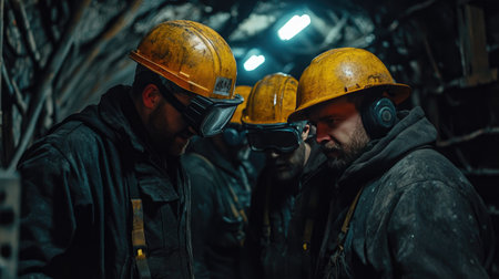 Mine workers in helmets, grouped together in a tunnel, highlighting the teamwork and resilience required in the mining industryの素材