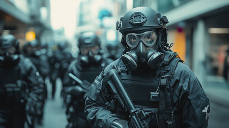 Urban scene with a police patrol in body armor and gas masks, highlighting the intense security measures in placeの素材