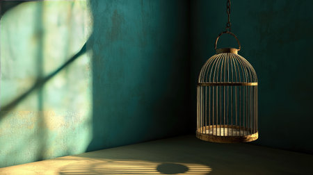 Empty bird cage with the door ajar, representing the idea of freedom and the escape of the bird to the open worldの素材