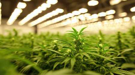 Rows of cannabis clones under grow lights in an indoor facility, emphasizing the controlled environment for plant developmentの素材