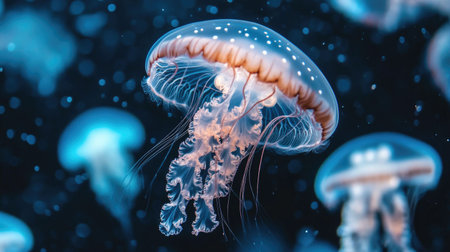 Mesmerizing jellyfish drifting in the dark blue ocean, close-up shot highlighting its delicate tentacles and serene motionの素材