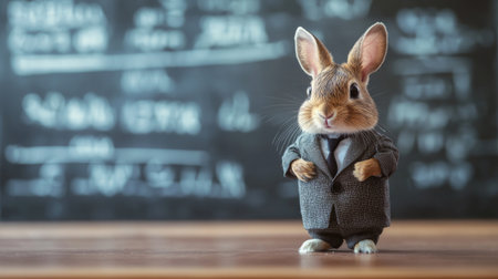 Small animal in a teacher outfit, standing before a blurred blackboard, symbolizing education and learning in a fun wayの素材