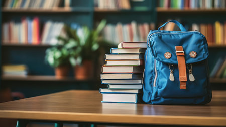 School desk with a backpack and stacked books, representing the back-to-school season in a classroom settingの素材