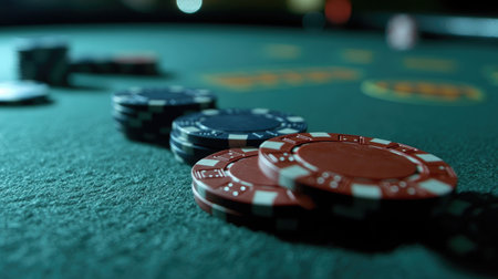Intense casino moment with a close-up of poker chips and cards on a green felt table, focusing on the thrill of the gameの素材