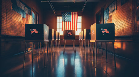 Voting booths lined up at a polling station, ready for voters during a US election, symbolizing the importance of civic dutyの素材