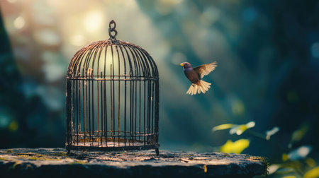 Open bird cage, empty and symbolic of freedom, highlighting the concept of escape and breaking free from confinementの素材