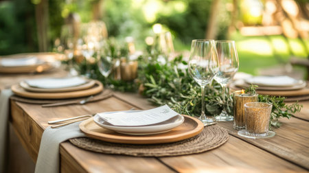 A charming outdoor wedding table with wooden accents, delicate tableware, and greenery, exuding a modern rustic vibe.の素材