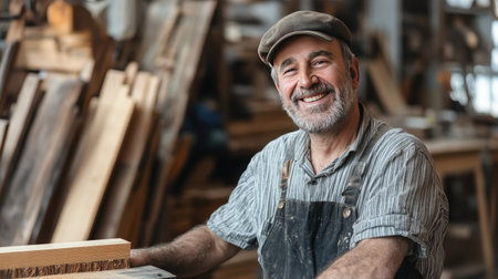 A contented middle-aged carpenter, smiling as he crafts wood in his workshop, the essence of dedication and craftsmanshipの素材