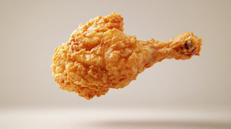 A piece of crispy fried chicken mid-fall, against a plain background, highlighting its golden, crunchy exterior in a dynamic sceneの素材