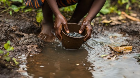 A child hands dipping a container into a dirty stream, capturing the daily challenges faced by those without access to safe drinking waterの素材