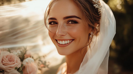 A close-up portrait of a beautiful bride on her wedding day, with a soft smile and elegant veil, embodying joy and loveの素材