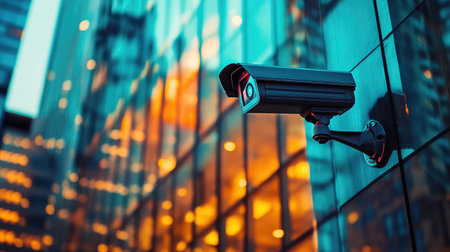 A security camera overseeing a corporate plaza, mounted on a building exterior, ensuring the safety of the premises.の素材