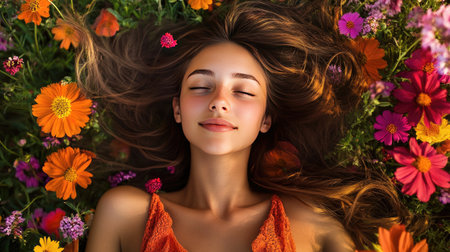 A pretty woman relaxing in a colorful field of blooming flowers, her hair spread out around her in a natural scene.の素材