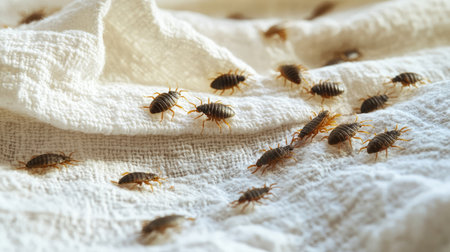 Bed bugs scattered across white bedding, showcasing the unpleasant reality of a severe infestation, with the fabric texture clearly visibleの素材