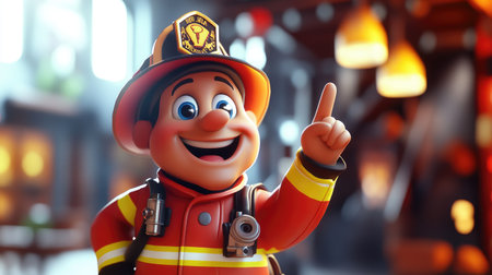 A cheerful 3D firefighter character, pointing with enthusiasm, rendered in a playful and engaging style.の素材