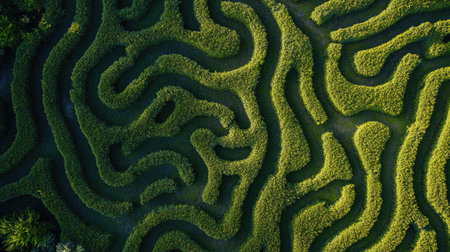 Aerial shot of a green hedge maze, capturing the winding paths and intricate design from above.の素材