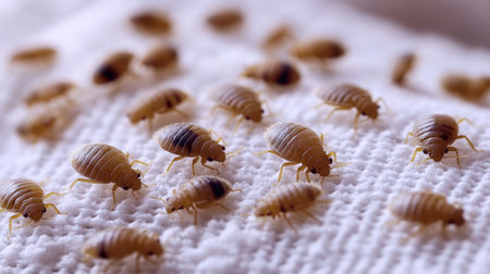 Close-up of a bed bug infestation on white fabric, with multiple bugs visible crawling on the surface, highlighting the severity of the issueの素材