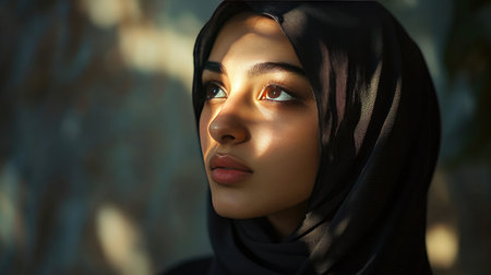 A young woman wearing a hijab, captured in a moment of quiet reflection, embodying faith and tradition.の素材