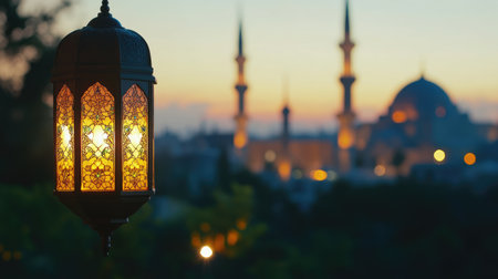 A traditional lantern illuminates the foreground, with a mosque softly blurred in the background, perfect for Ramadan.の素材