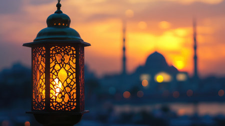 Close-up of a traditional Islamic lantern, with a blurred mosque in the background, symbolizing the holy month of Ramadanの素材