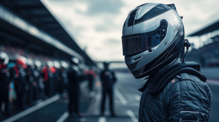 A race car driver in a sleek suit and helmet, positioned on the pit lane, with the racetrack and crew in the background.の素材