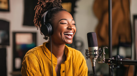 A vibrant woman recording a podcast, laughing with joy as she engages her listeners, surrounded by professional studio equipmentの素材