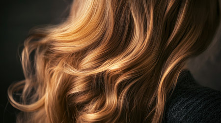 Close-up of long, wavy hair cascading down a woman back, showcasing its shine and texture, captured in natural light.の素材
