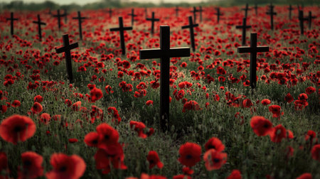 A moving image of crosses marking soldiers' graves in a sea of poppies, evoking the memory of those lost in war.の素材