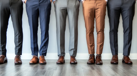 The legs of job candidates in business attire, reflecting the anticipation and nerves before an interview.の素材