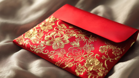 Red envelope with delicate gold oriental designs, captured in detail, representing a traditional Asian gift.の素材
