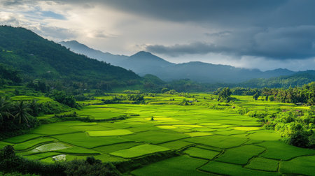 A breathtaking panoramic view of lush green rice paddy fields stretching across the landscape in Asia, offering a stunning travel background.の素材