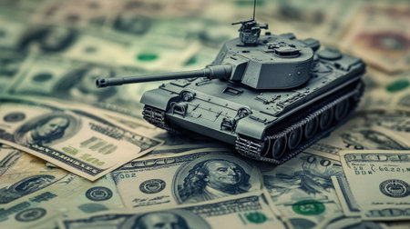 A conceptual scene with a model tank atop scattered U.S. dollar bills, highlighting the relationship between military might and financial power.の素材