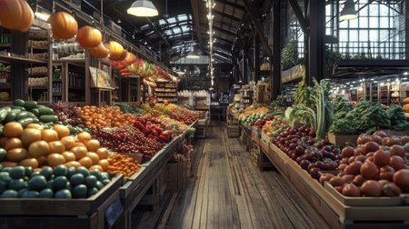 A well-lit indoor market hall, where a diverse array of fresh fruits and vegetables are neatly organized, offering a feast for the eyes.の素材