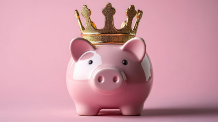 A pink piggy bank adorned with a shiny gold crown, symbolizing financial success and royalty, set against a simple background.の素材