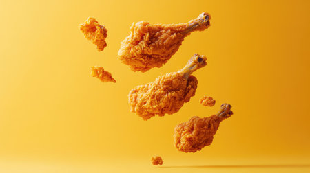 Fried chicken tumbling through the air, isolated on a bright one-color backdrop, showcasing its appetizing crispy coatingの素材