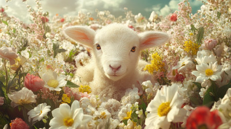 A charming spring scene of a baby lamb surrounded by a sea of flowers, symbolizing new life and the arrival of spring.の素材